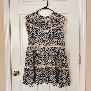 Leopard Print Mini Dress with Lace Trim - Black and Cream
